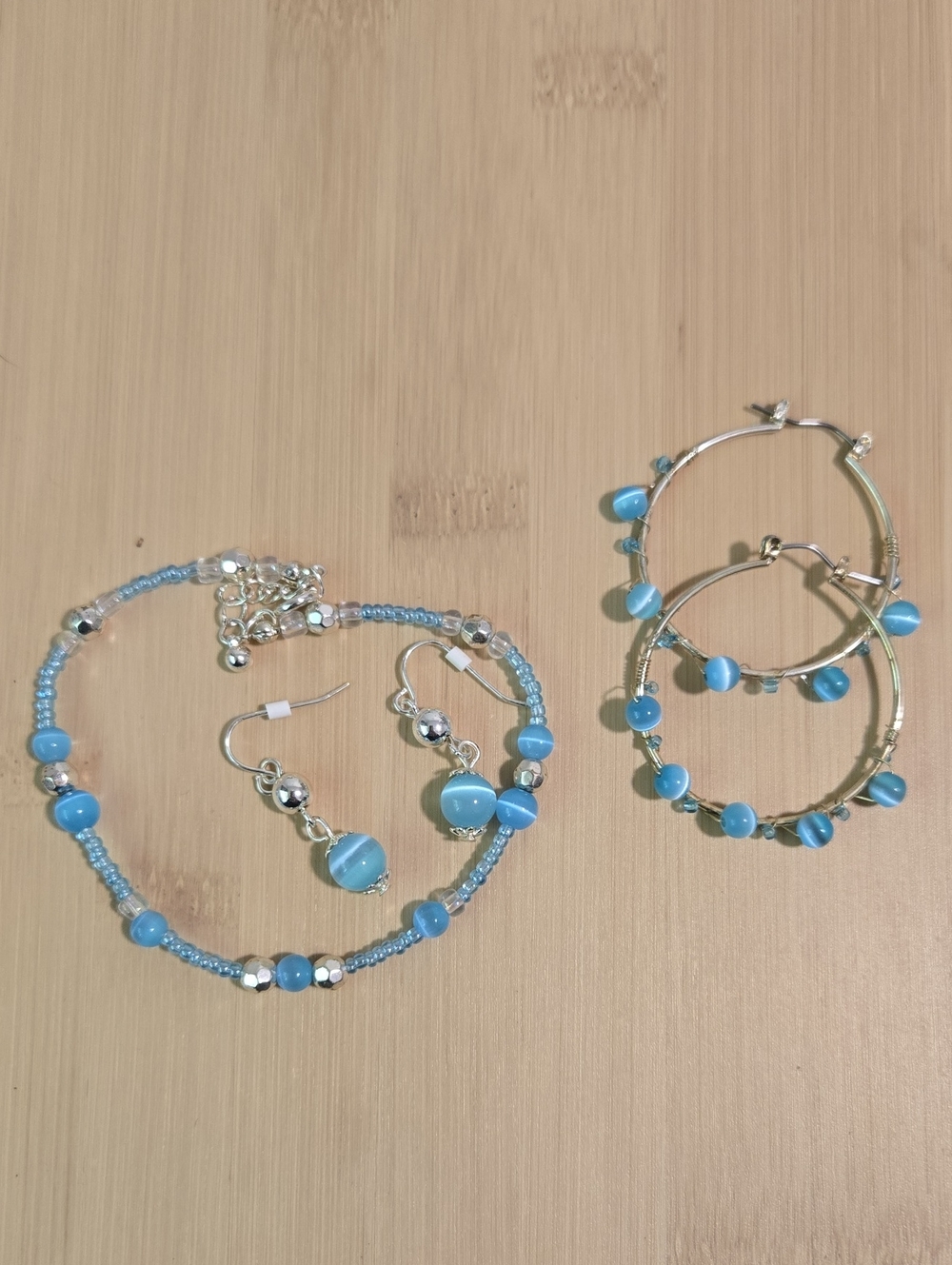 Blue Beaded Jewelry Set - Necklace, Earrings & Hoop Earrings